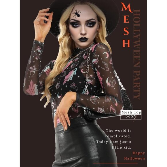 Women Black Specter Long Sleeve Mock Neck Fitted Sexy See Through Mesh Tops - Picture 3 of 7